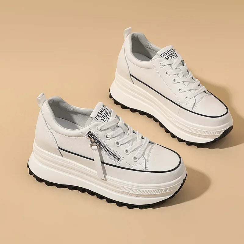 Amay Fujin 7cm Genuine Leather Women Platform Shoes Wedge Sneakers Lace Up