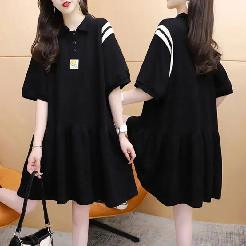 Maxy Casual Polo-Neck Button Dresses Summer Korean Stylish Printed Women's Clothing Spliced All-match Loose Short Sleeve Midi Dress