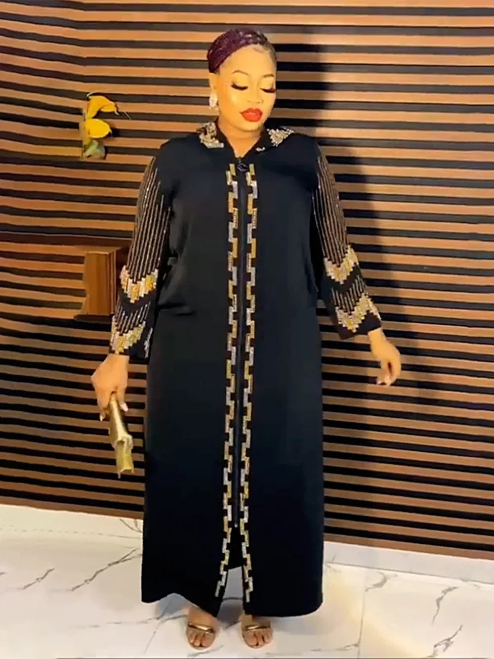 Maxy African Dresses for Women Autumn Fashion African Long Sleeve V-neck Black Long Dress African Clothing