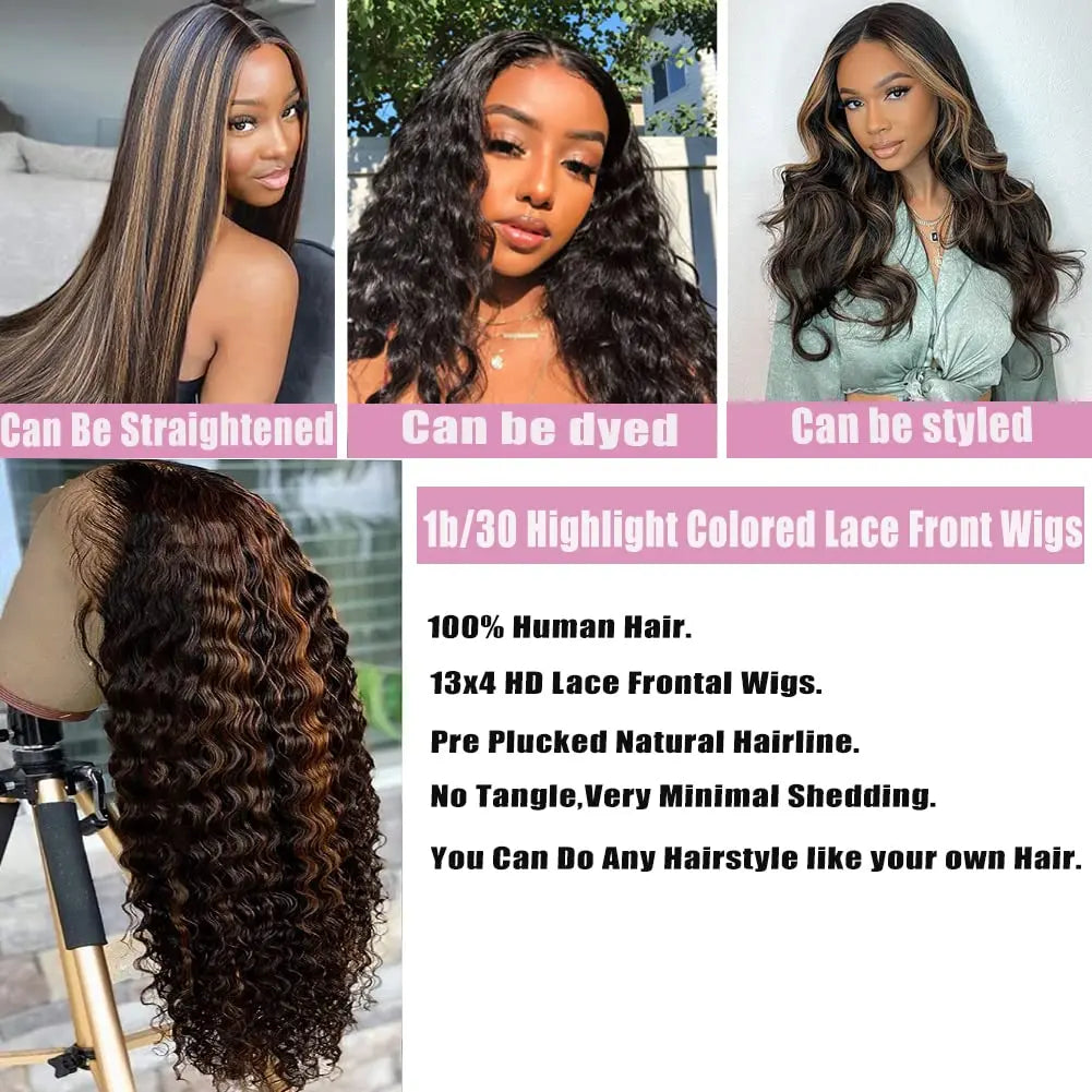 Highlight Ombre Lace Front Wig Human Hair 36Inch P1B/30 Deep Wave HD Lace Front Wigs Human Hair Pre Plucked 13x4 200 Density