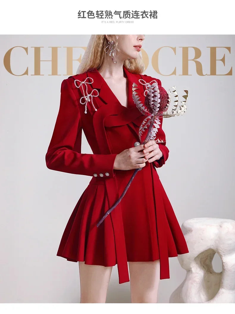 Maxy Designer Dress Women Autumn New Annual Meeting Red Bridal Dress Slim and Thin Temperament Design Suit Blazer Dress