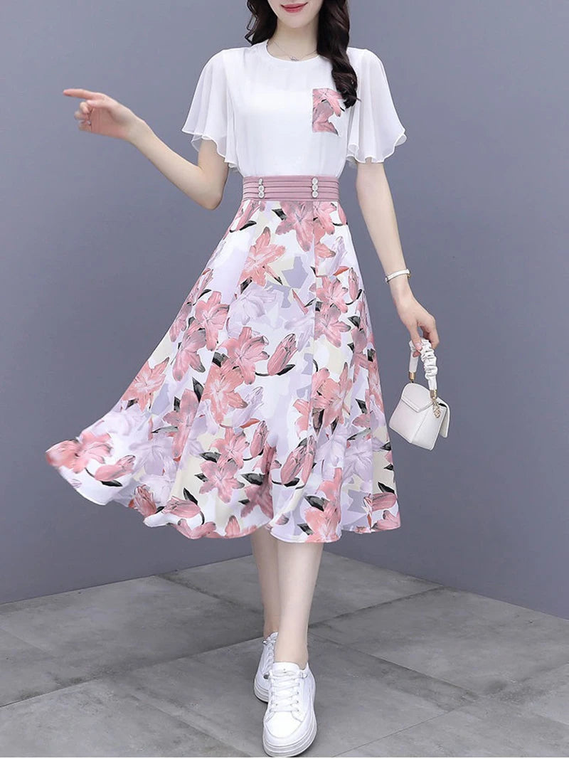 Maxy Women's Suits Summer New Fashion Casual Slim Temperament Floral T-shirts Skirts Female Two Piece Sets SJ431