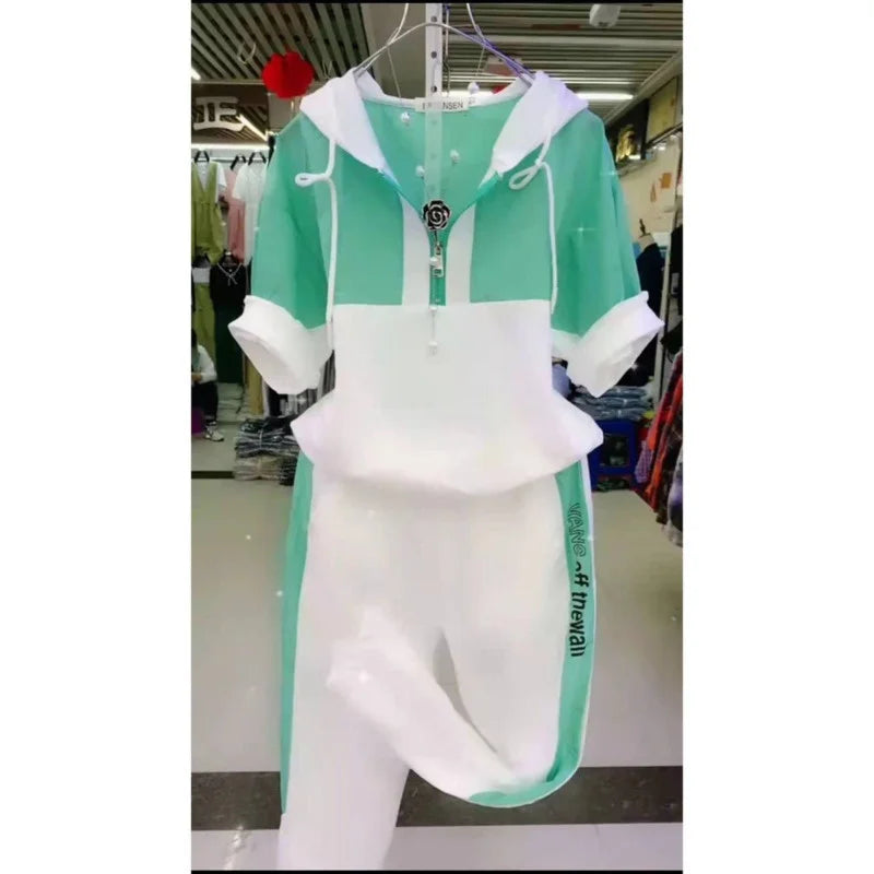 Amay Women's Casual Tracksuit Spring And Autumn New Fashion Suit Plus Size Short Sleeve Hooded Tops Pants 2 Two Piece Set For Women