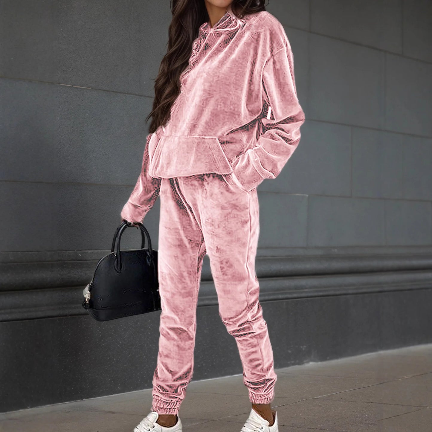 Maxy Autumn Winter Velvet Tracksuit Set Elegant Soft Pocket Pullover Top Female Loose Sweatsuit Pants Suit Two Piece Set Outfits