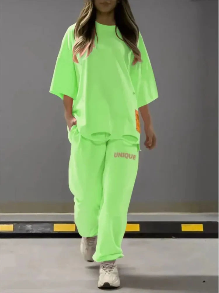 Maxy Summer New Fashion Hollowed Out O Neck T Shirt Women's 2 Piece Set Solid Color Casual Relaxed Tracksuit Pants Pocket Female Suit