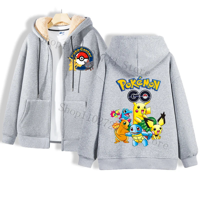 Maxy Pokémon Lamb Wool Coat for Men Women Pikachu Anime Cartoon Fashion Zipper Hooded Jacket Boys Girls Winter Warm Hip Hop Coats