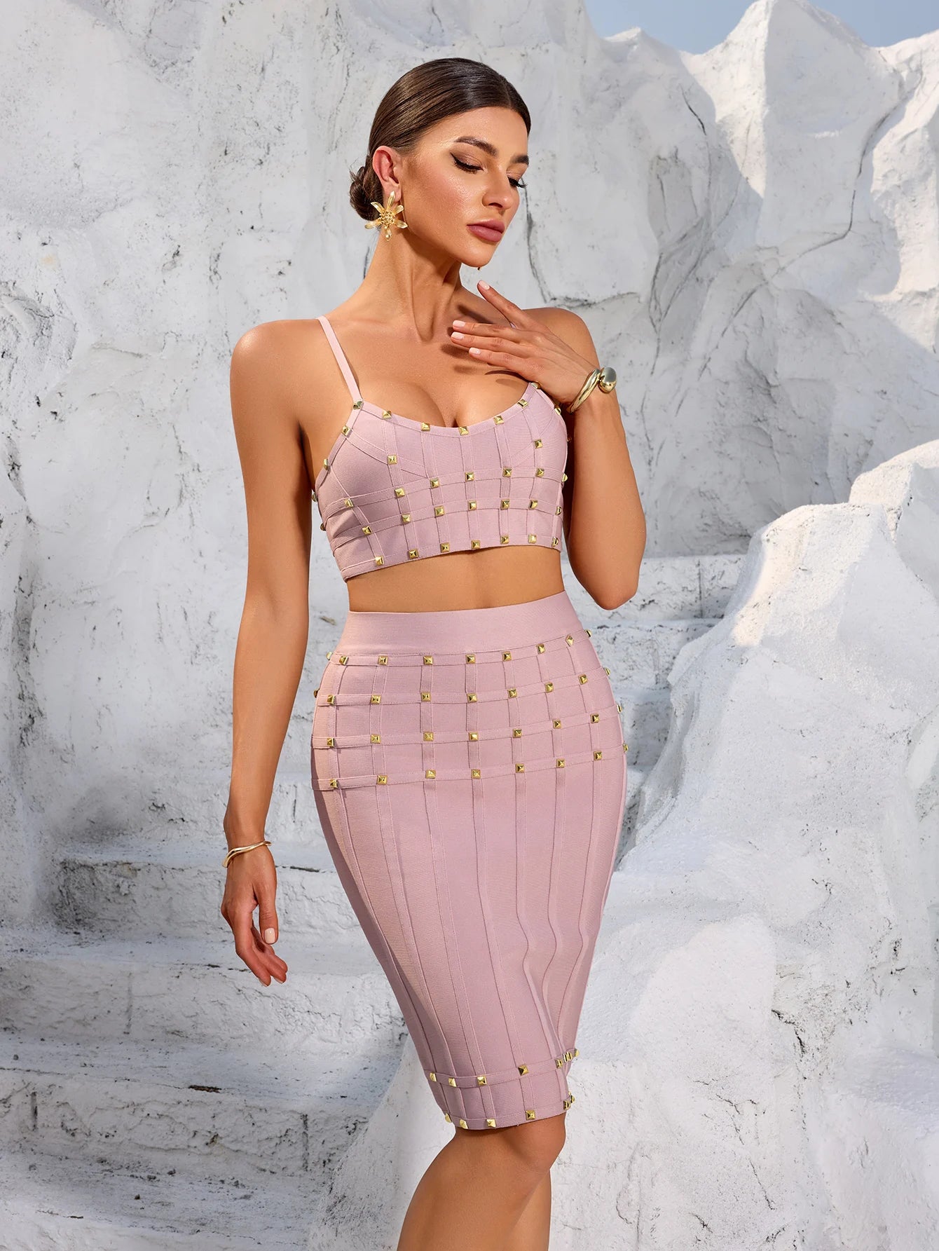 Maxy Women Studded Bandage Outfits Camisoles and High Waist Knee Length Skirt Elastic High Street Two Piece Sets Evening Club Dresses