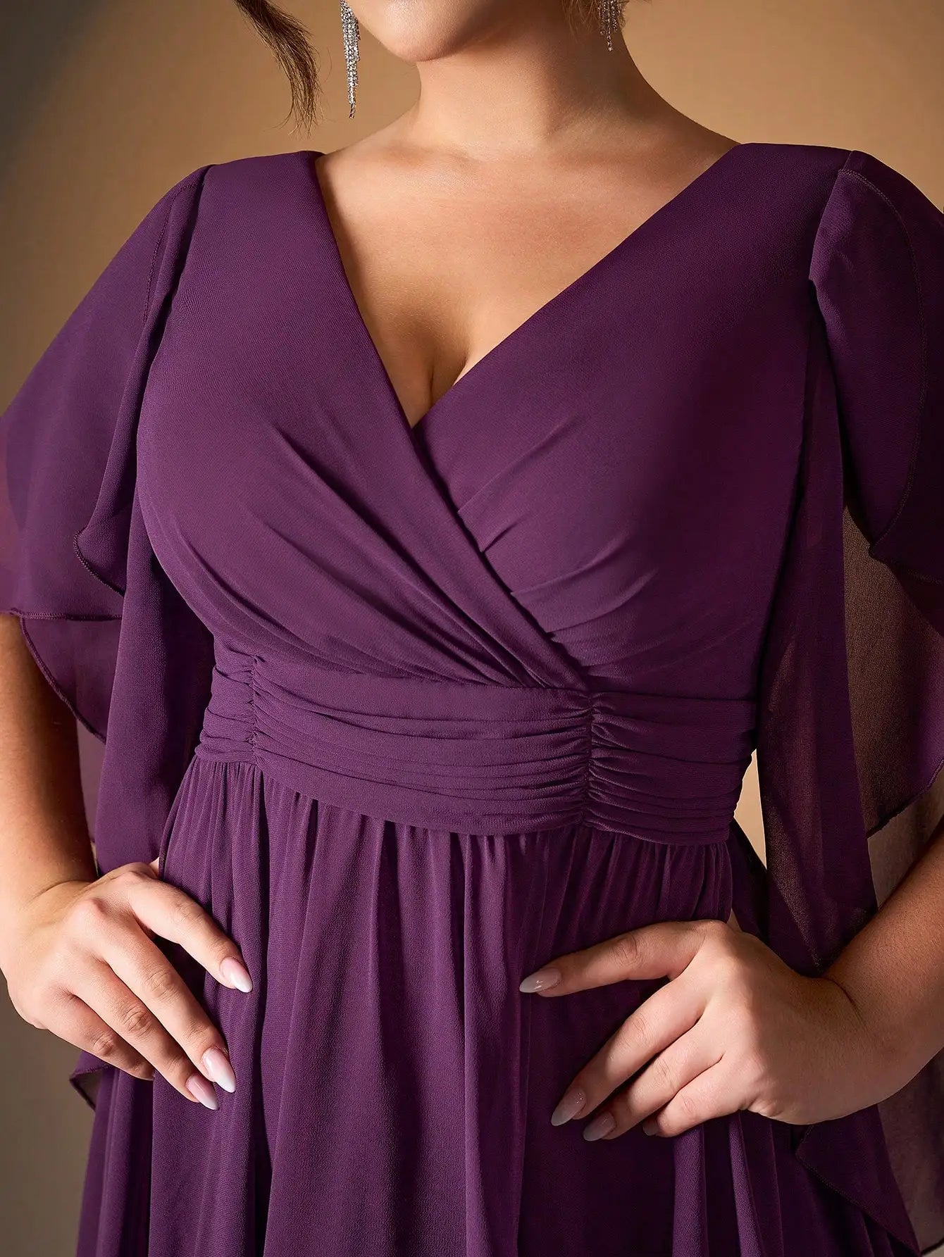 Maxy Miacid-neck pearl chiffon irregular sleeves with a shorter front and longer back hem high-end evening dress