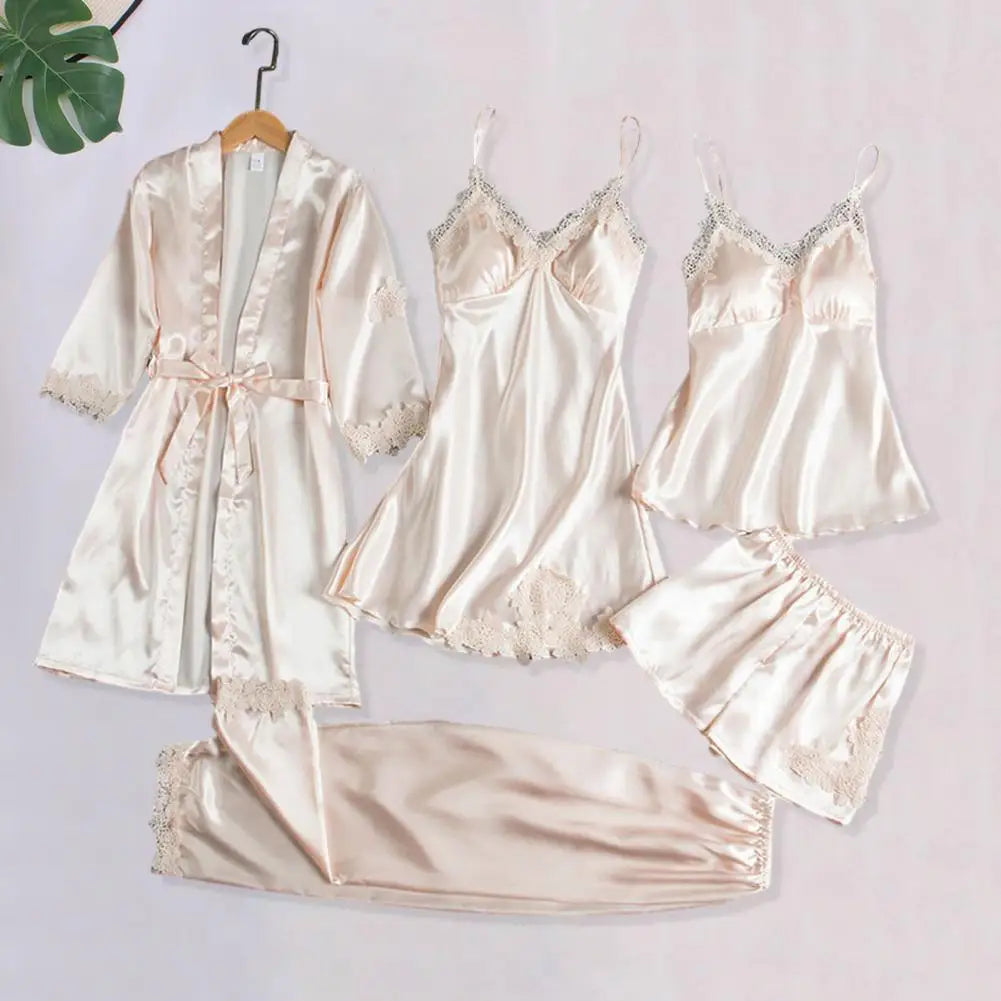 Silk Pajama Set Elegant Satin Lace Pajama Set with Lace-up Waist 5-piece Women's Nightwear Set Silky Nightgown with Top Shorts