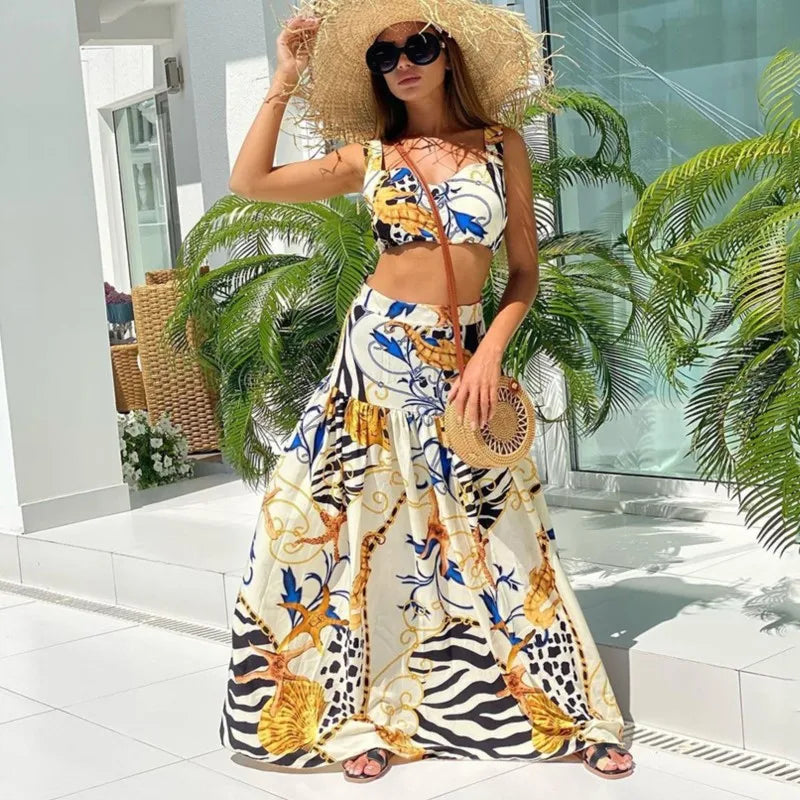 Maxy Bohemian Print Skirt Two Piece Set For Women Sexy Crop Camisole Top And Skirts 2 Piece Sets Summer Beach Holiday Suit Female