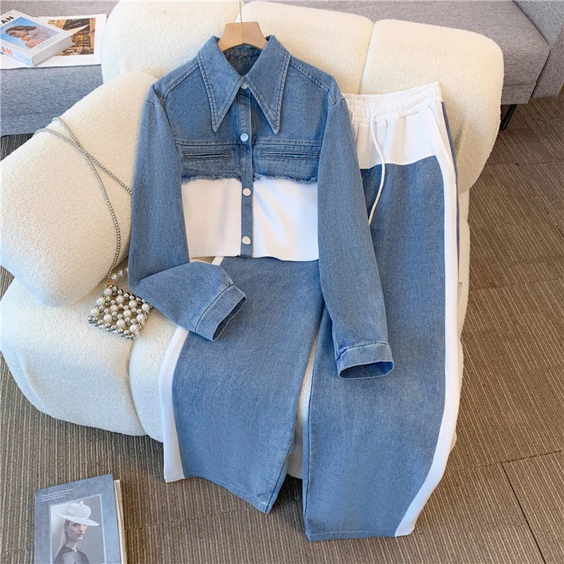 Maxy 2024 Vintage Women Patchwork Denim Jacket Pant Sets Long Sleeve Cropped Coat+High Waist Wide Leg Pants Streetwear Suit