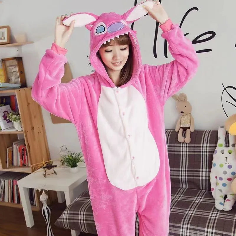 Maxy Christmas Cartoon Lilo & Stitch One-Piece Pajamas Disney Children Plush Kigurumi Onesies Winter Warm Clothes Boys Girls Gift