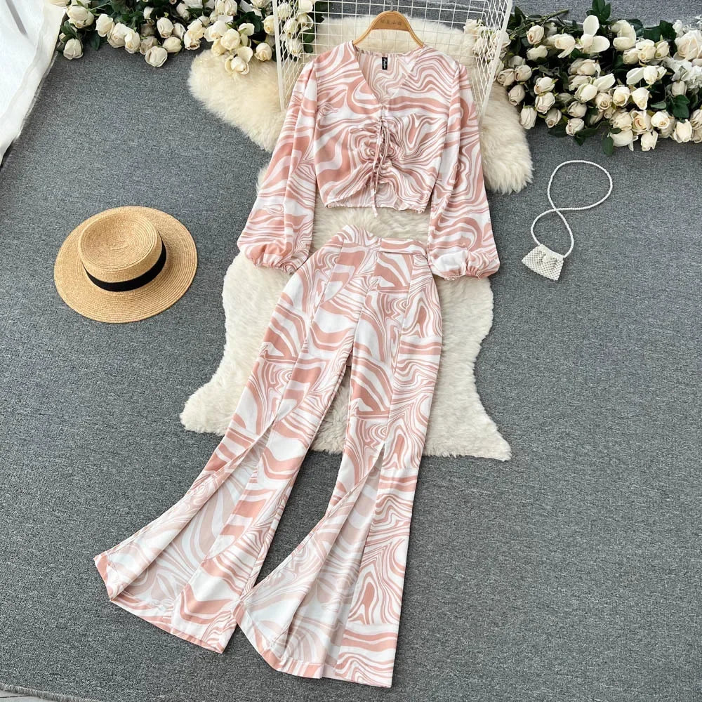 Maxy Summer Women Floral Printed Two Piece Set Sexy V Neck Lantern Sleeve Short Tops + Wide Leg Pants Suit Vacation Beach New