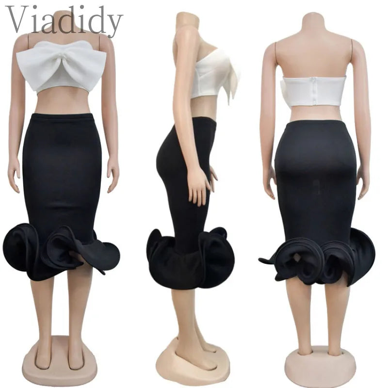 Two-Pieces Bow Strapless Top And High Waist Bodycon Skirt Set