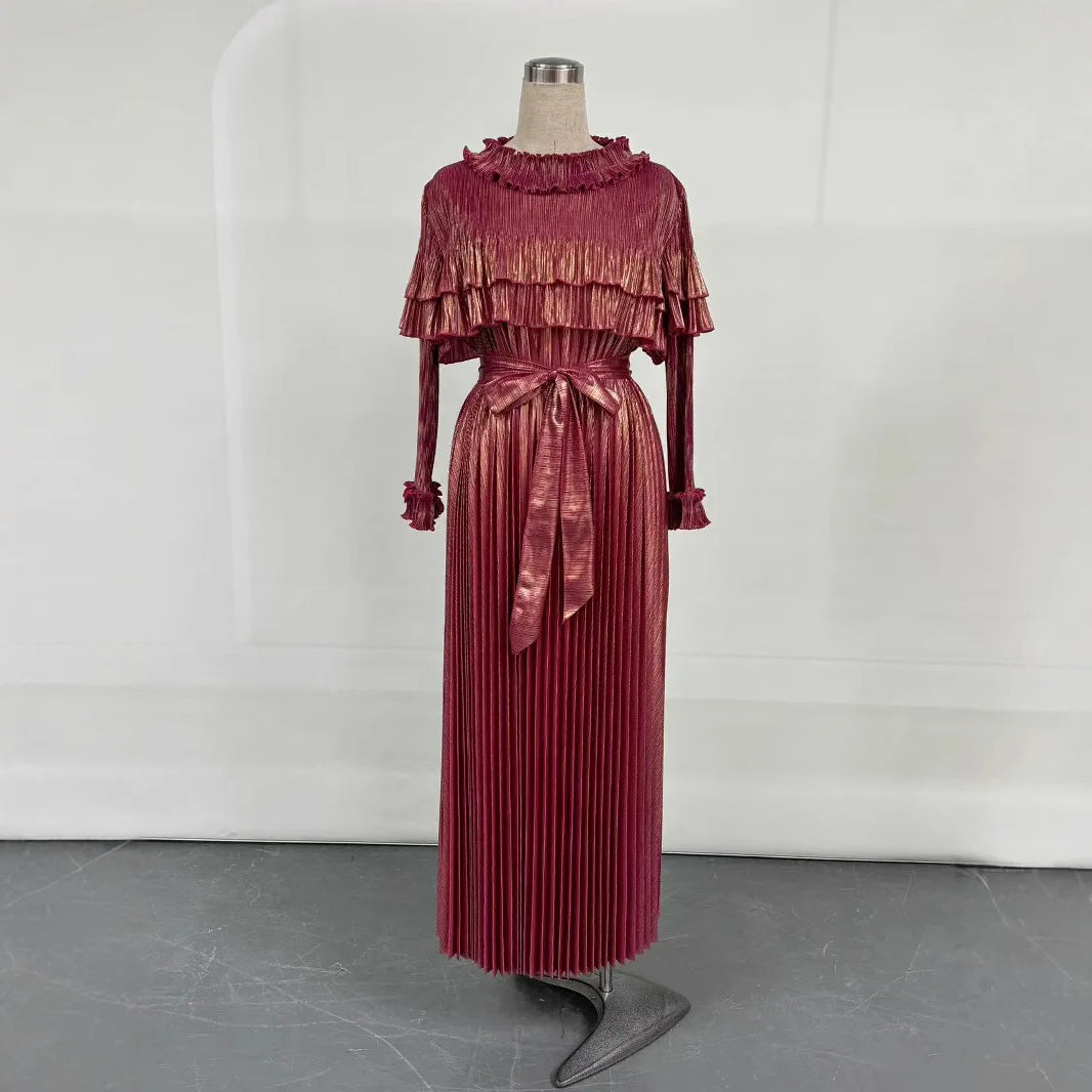 Maxy Fashion Plus Size Loose Gold Dress for Women Light Luxury Long Sleeve Lace-up Party Gown Casual Miyake Pleated Dress New