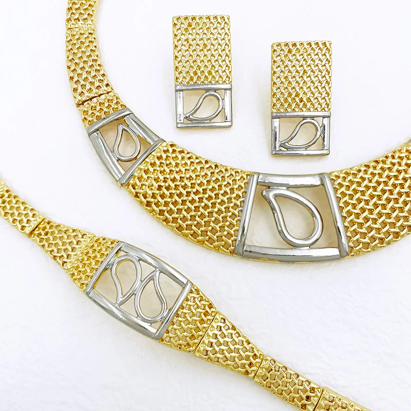 Dubai  Necklace For Women Jewelry Set Two Tone Earrings Ring Afican Wedding Party Item With Daily Wear Women Accessories