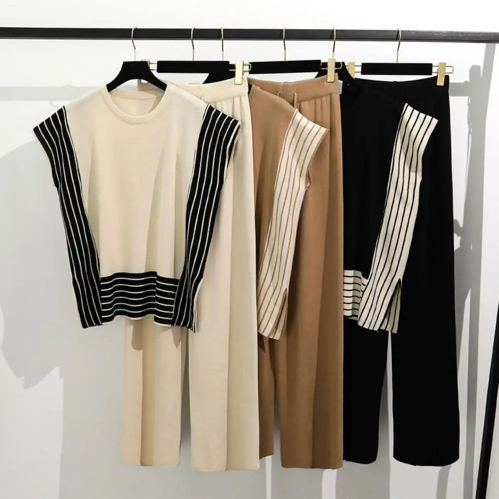 Maxy Women Top Pants Set Striped Knitted Two-piece Set for Women Top High Waist Pants Contrast Colors Homewear Outfit Women Two-piece