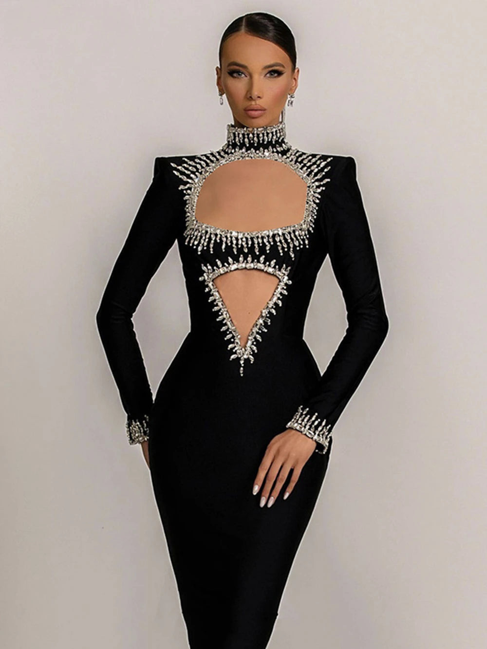 Luxury Dress Women'S Diamond Maxy Stand Collar Long Sleeved Tight Long Bandage Dress Fashion Celebrity Evening Party Gown