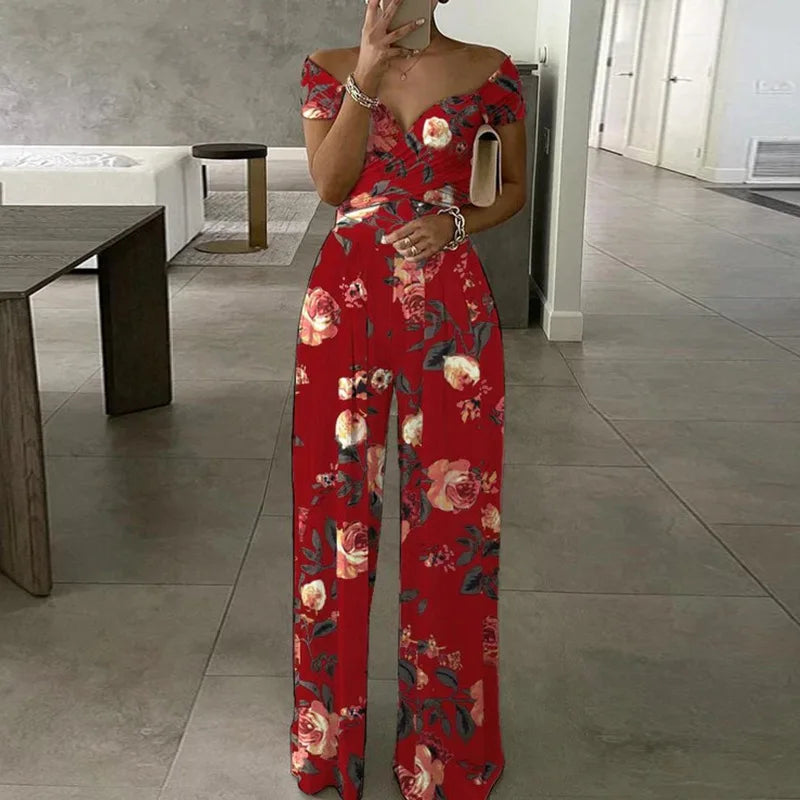 Amay Floral Print Jumpsuit Summer Y2k Women Straight Party Overalls Y2k Club Romper Elegant Off Shoulder Sleeveless Party Jumpsuits