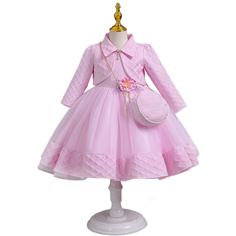 Babs 3Piece Fashion Girls Wedding Bridesmaid Full Sleeve Coat + Dress + Bag Clothing Set Formal Occasion Children's Communion Dresses