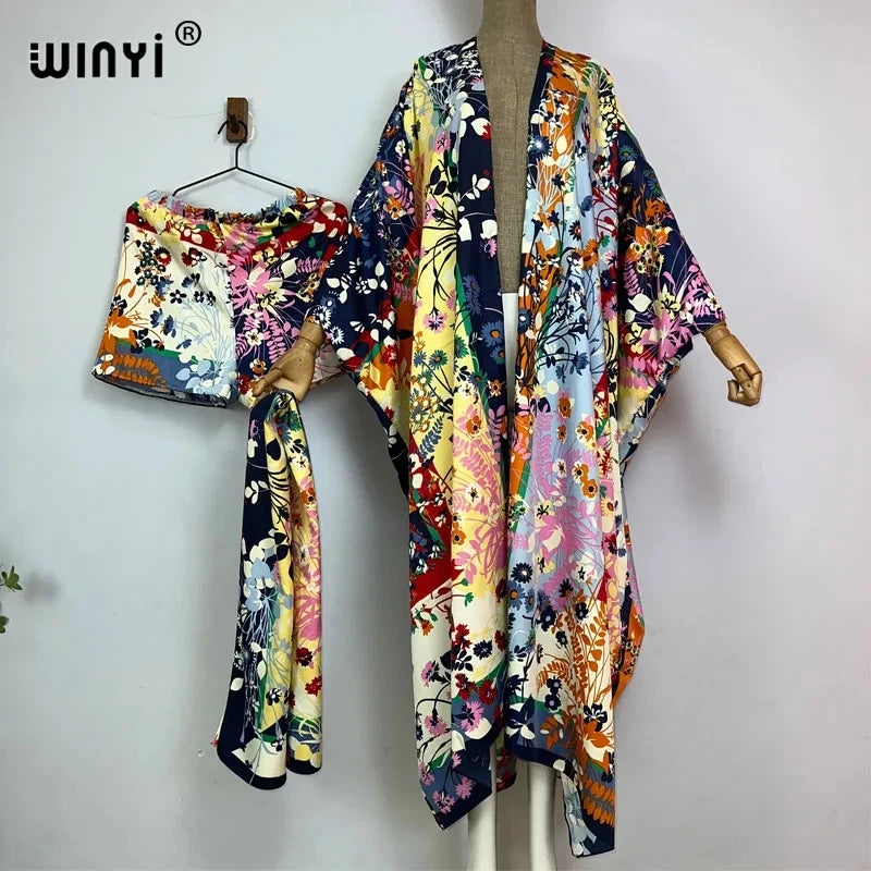 Maxy new summer beach two piece set for women Bohemian Print long Sleeve trab Dress Women Floor Length New vacation kimono