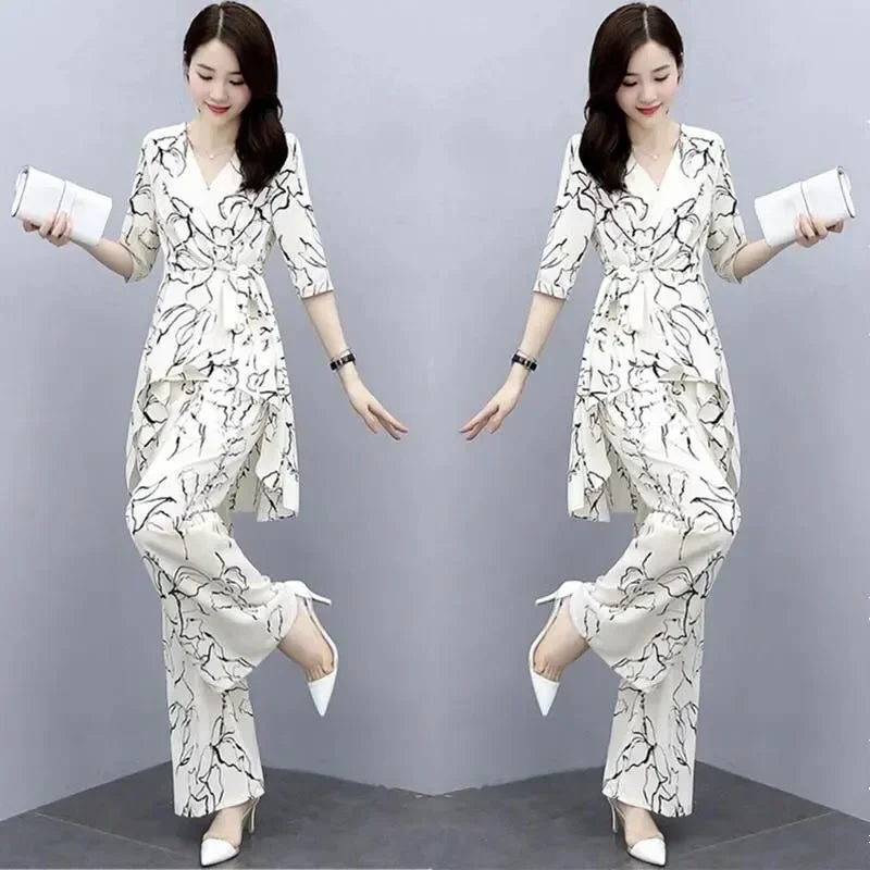 Maxy Women Two Piece Sets New Spring Summer Chiffon Print Top High Waist Wide Leg Pants Casual Fashion Suit Female Plus Size Clothing