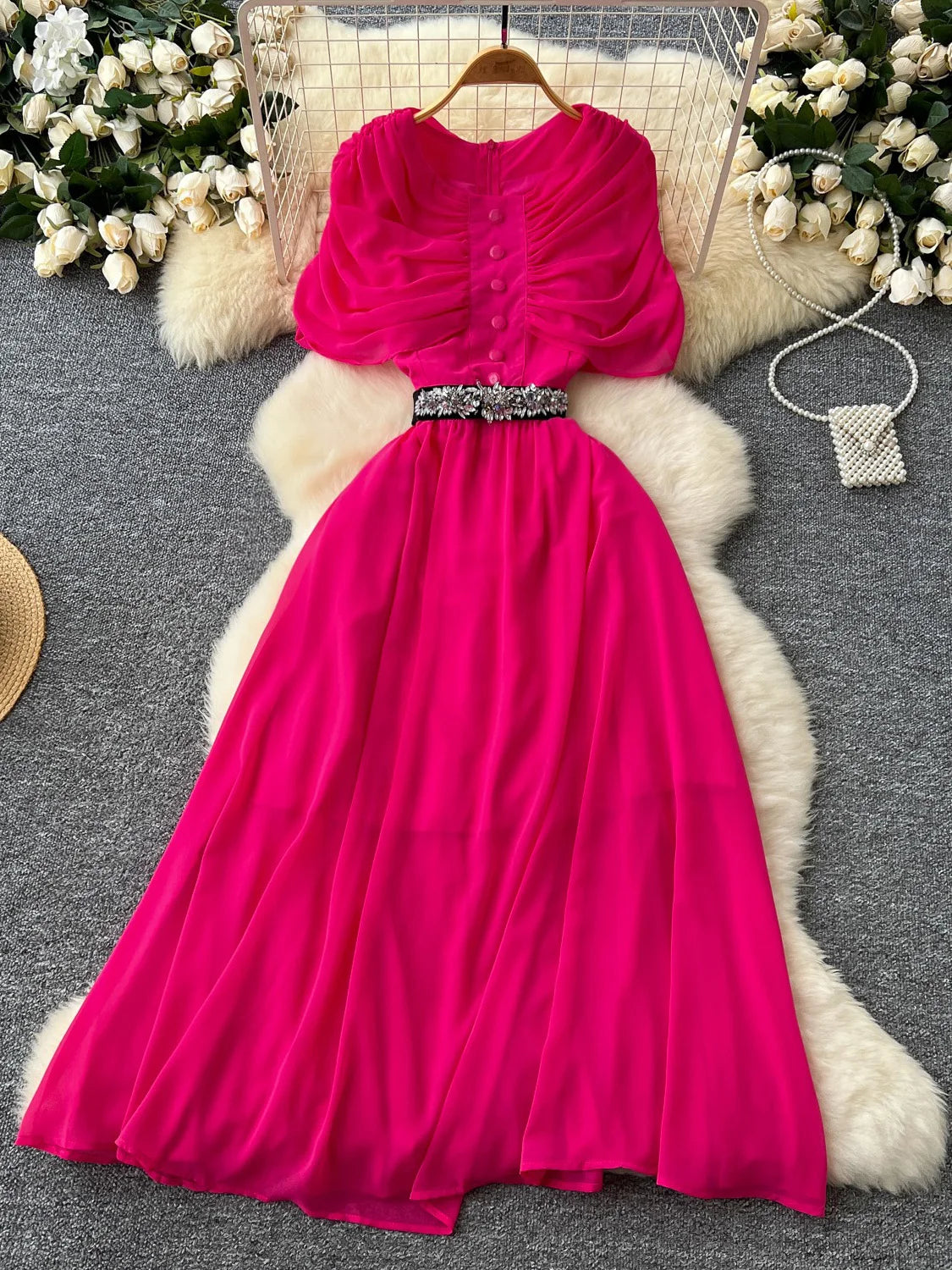 Maxy Spring Summer Women Red/Purple/Green Draped Chiffon Long Dress Vintage Round Neck High Waist A-Line Female Robe New