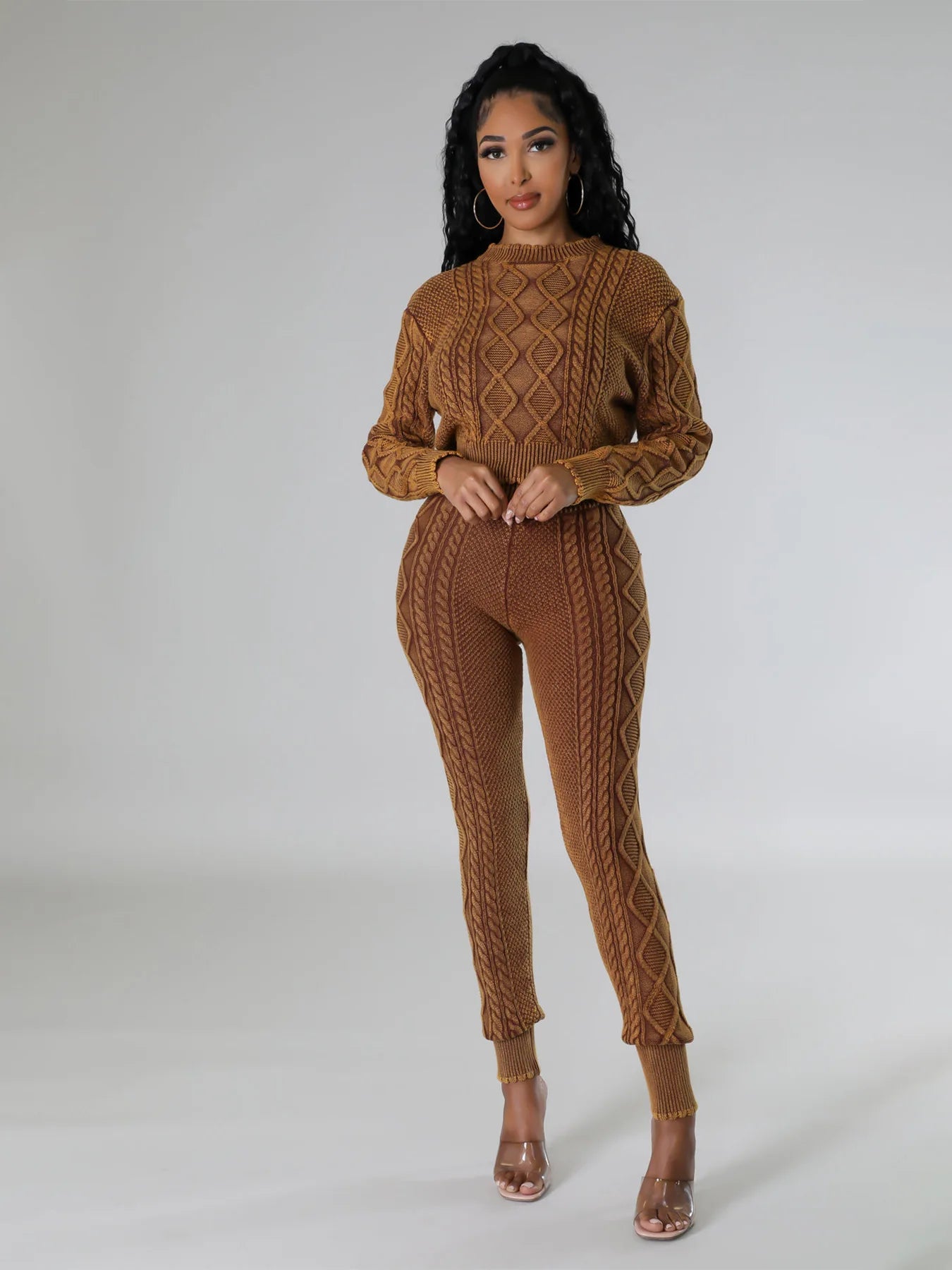 Women Tracksuit 2 Piece Outfits Winter Long Sleeve Stretch Knitted Crop Top And Pants Set Casual Two Piece Set Women Sweater Set