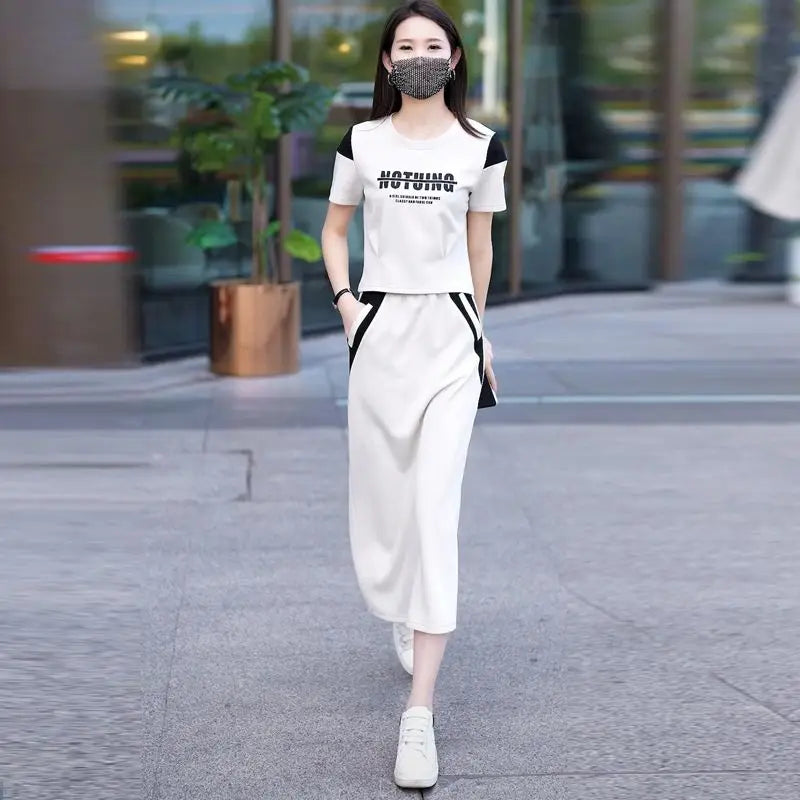 Maxy Skirt Short Sleeve 2 Pieces Sets for Women Kawaii Commuting Woman Outfit Gray Lightly Cooked Printing Midi Cotton Top and Bottom