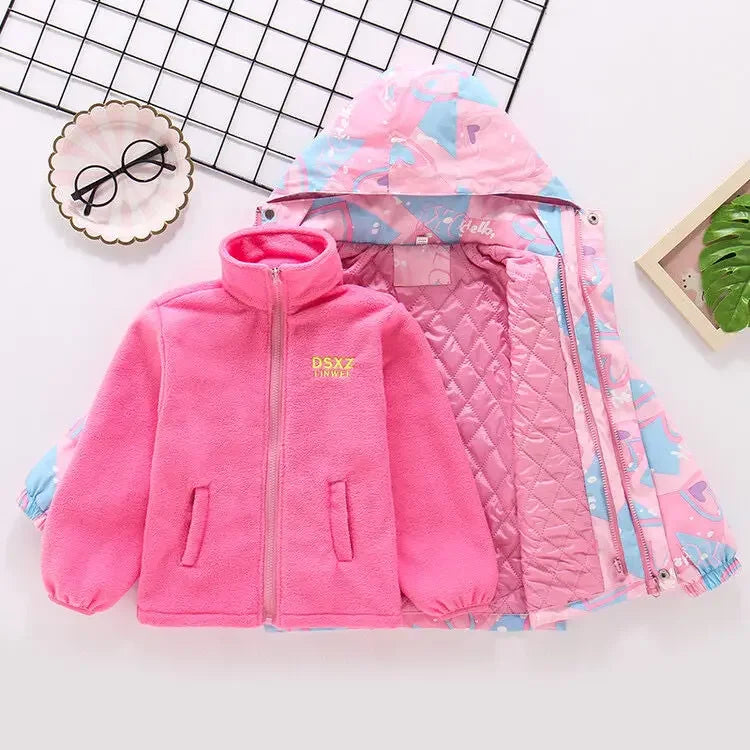 Waterproof Hooded Coat Kids Cartoon Girls Lovely Warm Rmovable Fleece Lined Jacket Cotton Padded Cothes Children Outfit XMP95