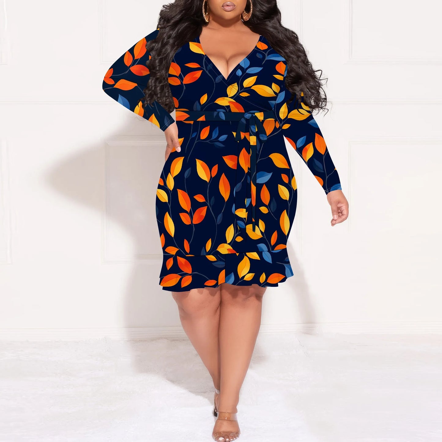 Maxy Hot selling European and American black plus size dress personalized graffiti pleated long-sleeved waist tight skirt
