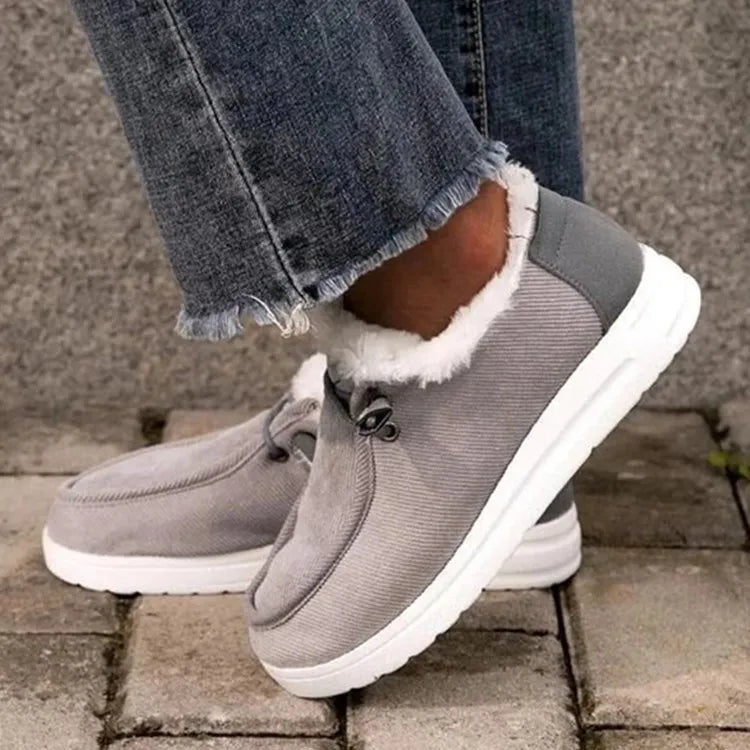 Maxy Winter Plush Loafers Women Ankle Shoes Slip-on Round Toe Flat Faux Suede Sewing Leisure Mature Casual Daily-wear Lace Plus Size