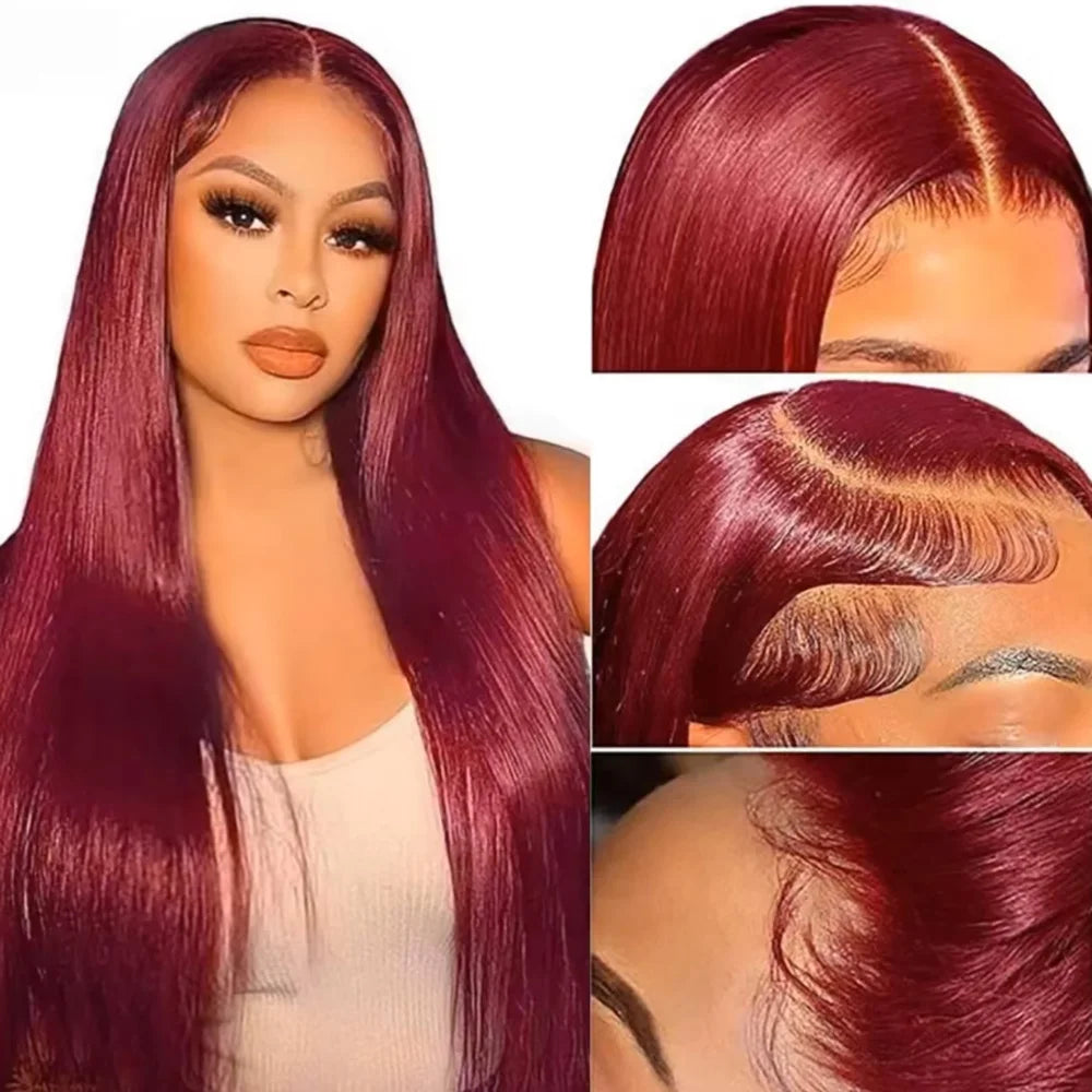 Maxy 200 Density 99J Straight Lace Frontal Wig Human Hair 13x6 HD Lace Front Wig Pre Plucked Bleached Knots Glueless Wigs 46 Inches