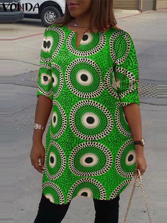 Amay Plus Size 5XL Women Blouse V-Neck Vintage Printed Shirts Elegant 3/4 Sleeve Casual Loose Tops Blusas Oversized