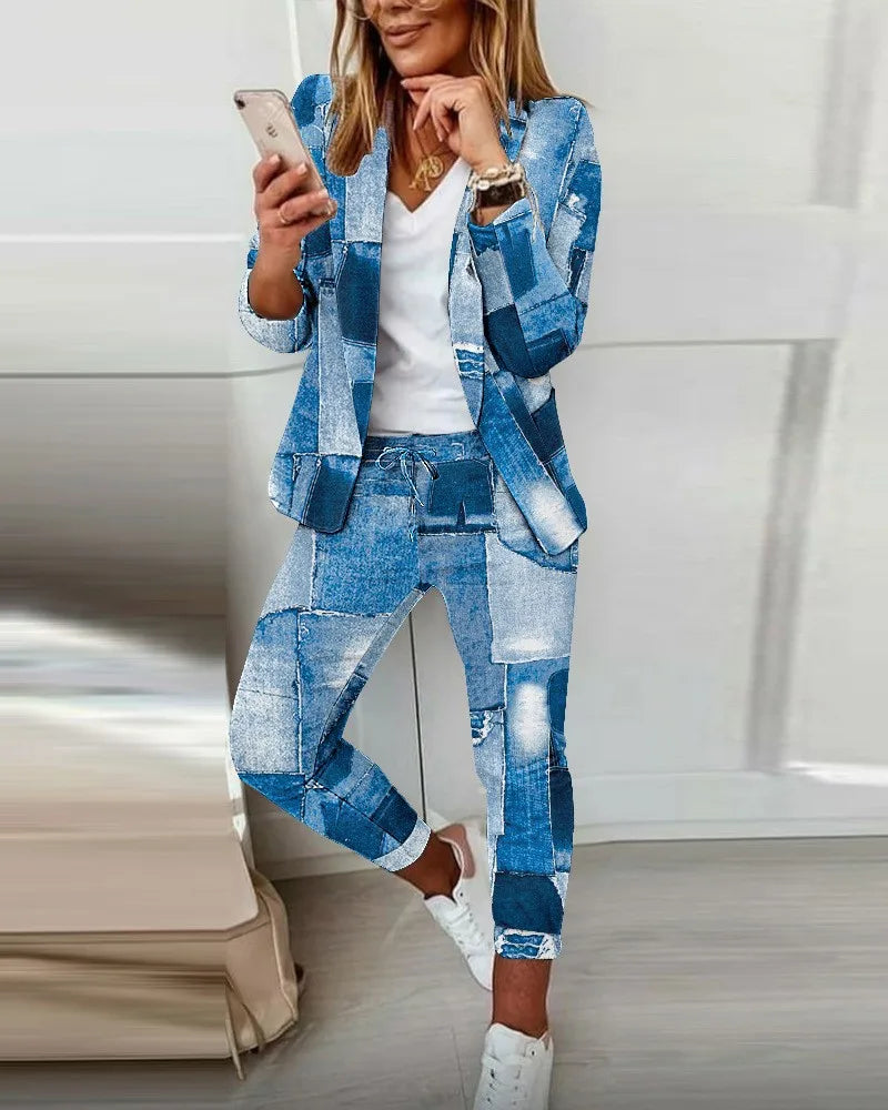 Maxy Spring Autumn Two Piece Sets Women Printted Elegant Blazer & Pants Set Outifits Fashion Tracksuits Casual Elegant Female Sets