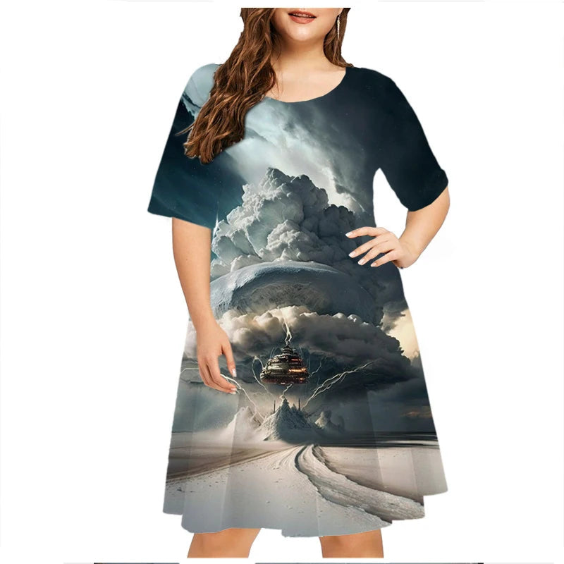 Maxy Thunder Lightning Pattern Women Dress Short Sleeve O-Neck Tie Dye 3D Print Summer Dress Plus Size Ladies Casual Loose Dress 6XL