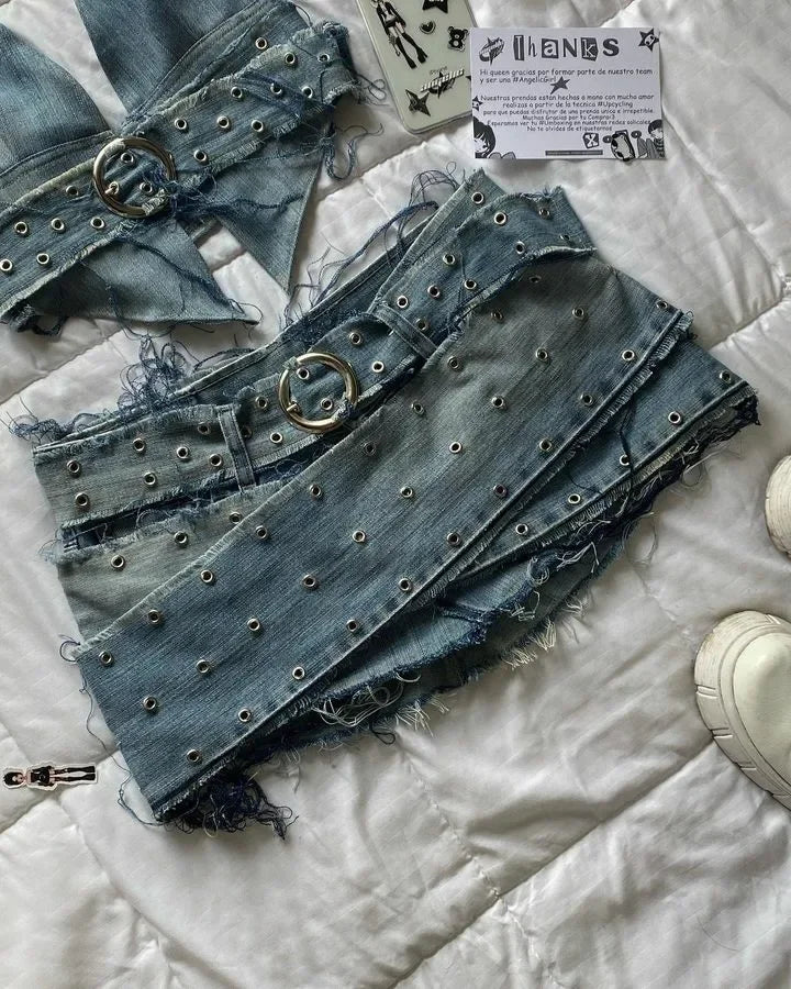 Maxy Two Piece Sets Women Outfits Y2K Pu Leather Spliced Denim Black Skirt Sets New Harajuku Gothic Sexy Zipper Jacket Mini Skirt