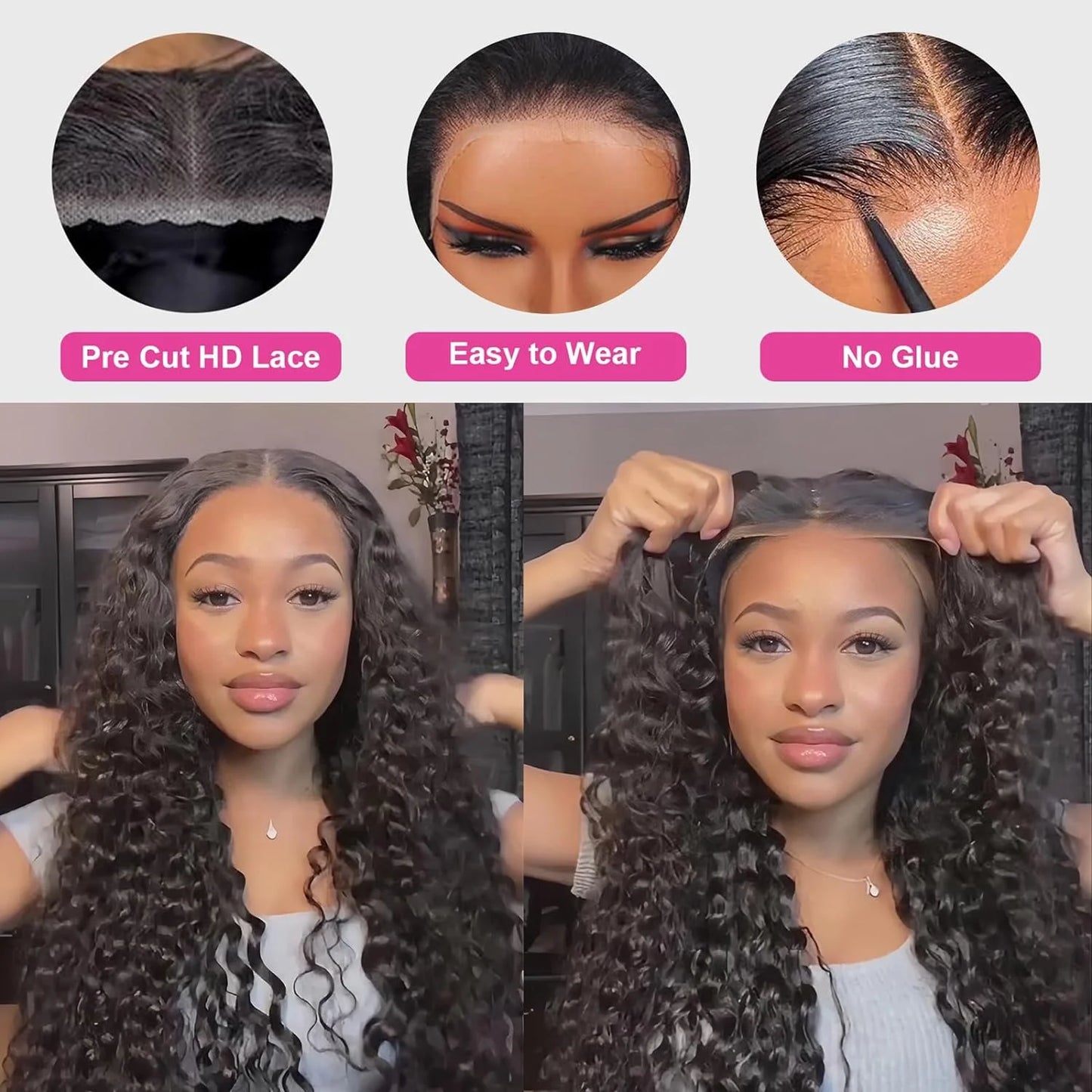 Maxy Deep Wave Glueless Wig Pre-Cut Lace Wig 200% Density Pre-Plucked Natural Wave Wear Go Glueless Curly Human Hair Wigs For Women