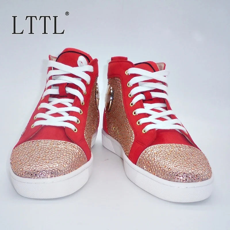 Visco Luxury Brand Red Men's Suede Shoes Fashion Bling High Top Rhinestone Sneakers Lace-up Crystal Men's Flats Casual Sneaker