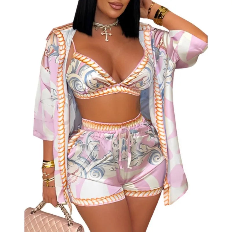 Maxy Women Printed Beach Style 3 Piece Sets Summer Lapel Three Quarter Sleeve Blouse+Bra+Shorts Matching Holiday Outfit Clothing