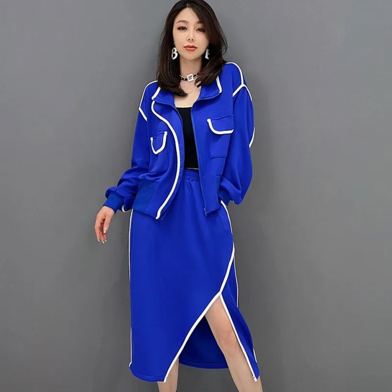 Vefadisa Stripe Splicing Zipper Cardigan Coat Suit Women + Elastic Waist Irregular Split Skirt Suit 2025 Spring Autumn LHX2103