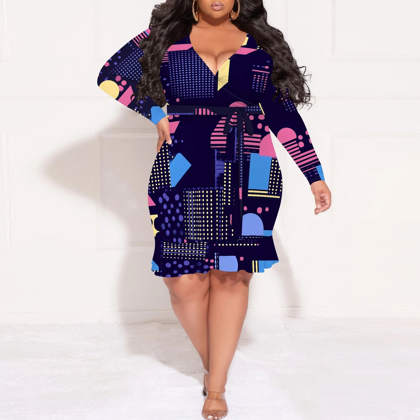 Maxy Hot selling European and American black plus size dress personalized graffiti pleated long-sleeved waist tight skirt