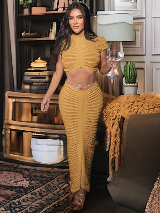Amay Kim Kardashian's Sheer White Knit Two-Piece Dress Elegant See-Through Sweater Crop Top And Skirt Set Festival Outfits