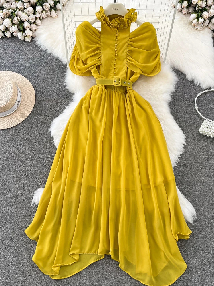 Amay Summer Women Red/Purple/Blue/Yellow Stand Collar Hollow Out Off Shoulder Chiffon Party Dress Vintage Short Sleeve Irregular Robe