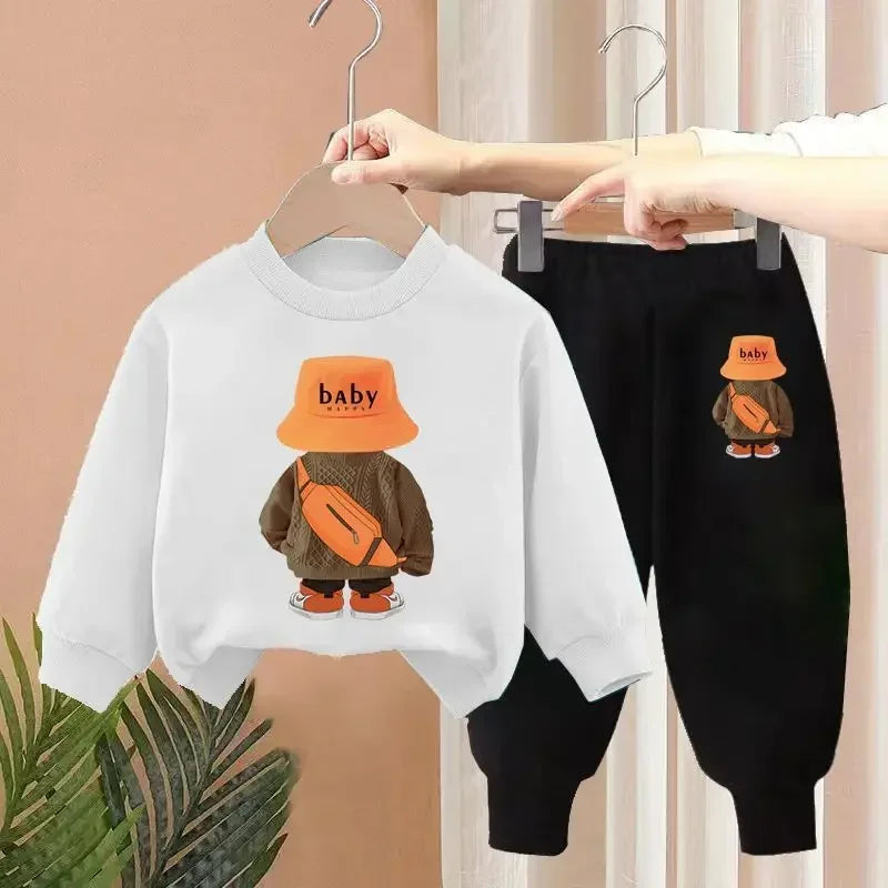 Maxy Autumn Baby Girl Boy Clothes Set Children Sports Cartoon Bear Sweatshirt Top and Pants Two Piece Suit 3-12 Years Kids Tracksuit