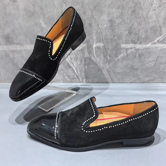Visco High Quality Black Suede Loafers Man Rhinestone Shoes Fashion Leather Dress Shoes Men Slip On Party And Wedding Shoes