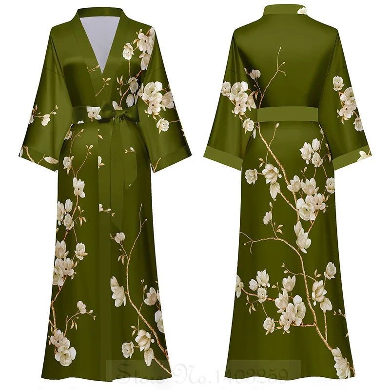 Maxy Japanese Style Half Sleeve Kimono Bathrobe Gown Female Long Robe Nightgown Sleepwear Loose Satin Print Flower Home Dressing Gown