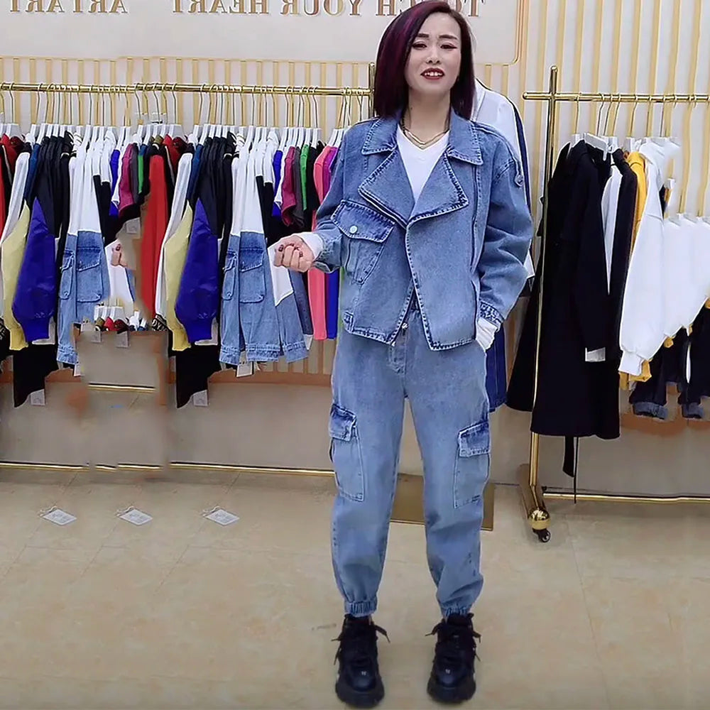 Maxy Autumn Oversize Denim Coat Jacket + High Waits Loose Jeans Women Pants Two-piece Outfits Women Denim Trouser Suit Fashion