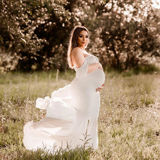 Maxy Maternity Dress Photography Tube Top Ruffle Sleeve Slim Fishtail Bridesmaid Wedding Maxy Gown Pregnant Baby Shower Robe