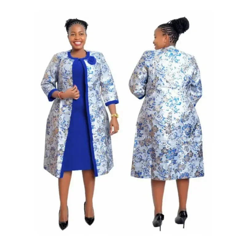 Maxy 2 Piece Set long Coat and Dress Christmas African Midi Dresses Women Bazin Riche African Clothing Dresses Africa Clothes